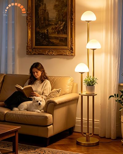 Image of 3 Light Mushroom Floor Lamp with Shelf, Dimmable Gold Floor Lamp with Bulbs Included, 3000K Warm White Modern Standing Tall Floor Lamp for Living Room Bedroom Reading Sofa Beside Corner Decor