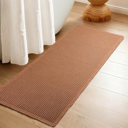 Siyaluens Luxury Waffle Bath Mat, Super Absorbent Non Slip Bathroom Rugs, Boho Ultra Soft Comfort Machine Washable Quick Dry Floor Mats with Tassels (Coffee, 24" x 72")