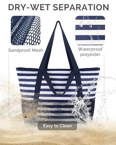 Image of HOMESPON Beach Bag Large Waterproof Sandproof Tote for Women with Zipper and Mesh Pockets