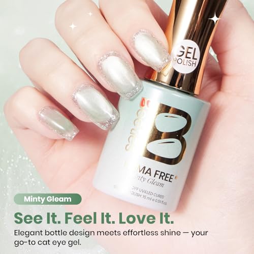 Image of Beetles Minty Gleam Green Cat Eye Gel Nail Polish - 15ML Full Size Glass Green Glitter Cat Eye Spring Gel Polish Magnetic Shimmer Effect Soak Off UV Nail Art Design Salon DIY Manicure Gift for Women