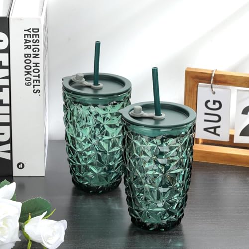Image of Kamvy Printed Glass Milk Mug with Recipe Design (400ml) Pack of 1 | Transparent Drinking Glass for Coffee, Milk, Juice & Smoothies | Stylish Measuring Tumbler for Home & Kitchen (Diamond Green)