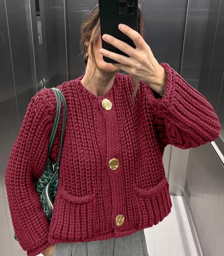 Saodimallsu Womens Button Up Sweaters Fall Chunky Knit Cropped Trendy Crewneck Loose Cardigan with Pockets3