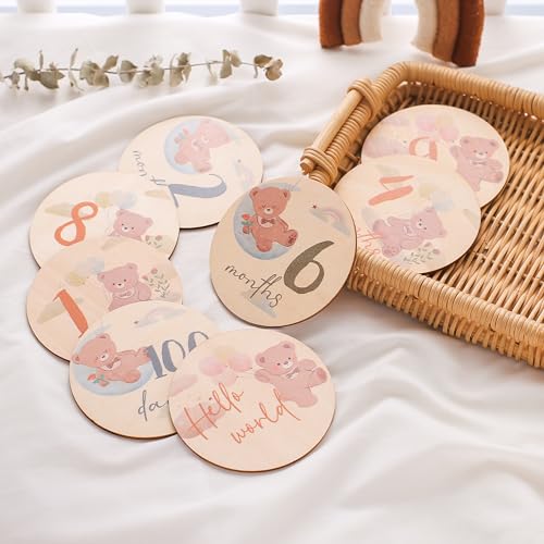 Wooden Teether 月齢フォト 木製 レターバナー ベビーマンスリーカッド ニューボーンフォト 記念日フォト ウッドレター 月齢カード 成長記録 百日祝い 出産祝い 1歳 100日 誕生日 パーティー 飾り付け 長持ち 8枚入り 天然木製 再利用