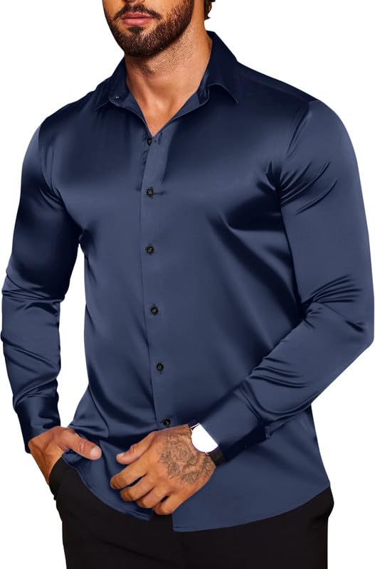 Men’s Satin Formal Shirt for Party and Office Wear | Long Sleeve Slim Fit Shiny Dress Shirt for Wedding Business Event Dinner with Spread Collar