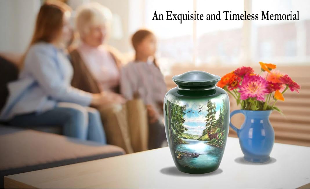 Deer Urn - Full Size Deer in Forest Scene Cremation Urn – Adult Nature-Themed Urns for Men and Women – Forest Green Funeral and Memorial Urns for Human Ashes Upto 210 Lbs with Velvet Bag (Large)