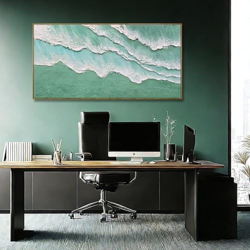 Image of Abstract Wall Art Minimalism Green White Canvas Wall Decor Framed Artwork Modern Home Wave Pictures for Living Room Bedroom Office 24 inchx48 inch