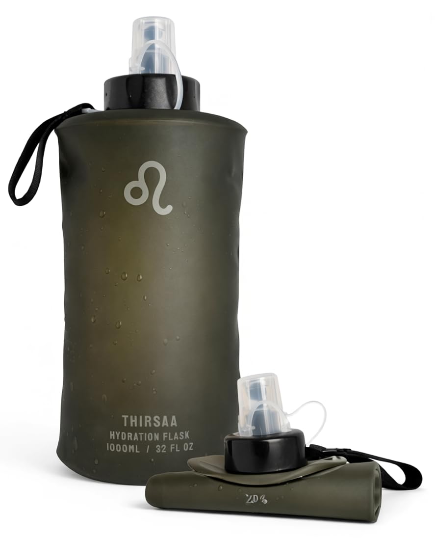 Thirsaa Collapsible 1L Soft Flask Water Bottle – Leak-Proof, BPA FREE Hydration Bottle with Roll Up Design for Running, Hiking, Cycling or Travelling (1, Charcoal)