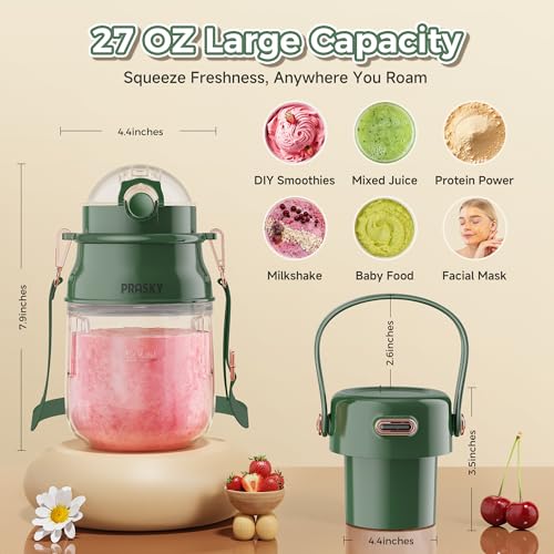 Image of Portable Blender, Prasky Personal Blenders for Shakes and Smoothies with 27oz Cup, Lid and Shoulder Strap, Type-C USB Rechargeable, Personal Size Blenders BPA-free for Travel /Kitchen(Green) | Mini Blender, Type-C USB Rechargeable, BPA-Free, for Gym /Travel /Kitchen, Shakes, Smoothies, Green