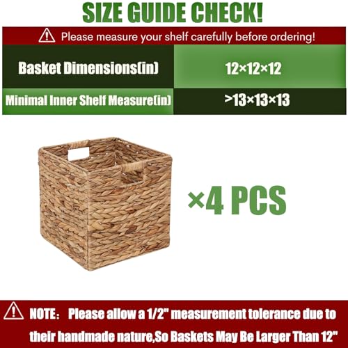 JCLD&YO9 Foldable Handwoven Water Hyacinth Storage Baskets Wicker Cube Baskets Rectangular Laundry Organizer Totes,Set of 4 Pcs,12x12x12inch