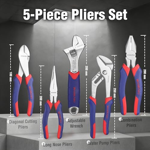 WORKPRO 5-Delige Tangenset: Waterpomptang 250mm, Combinatietang, Lange Neustang, Diagonale Snijder, Verstelbare Sleutel Met Zachte Handgrepen - Afbeelding 3