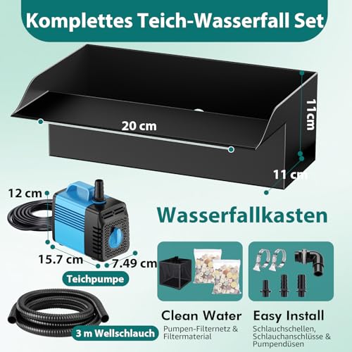 Teichwasserfall-Auslaufset, 20cm Teichwasserfall-Filter mit 2500l/h Wasserfallpumpe & Filterkäfig, 3m gewellter Schlauch für Außengartenteiche und Hinterhof-Wasserspiele