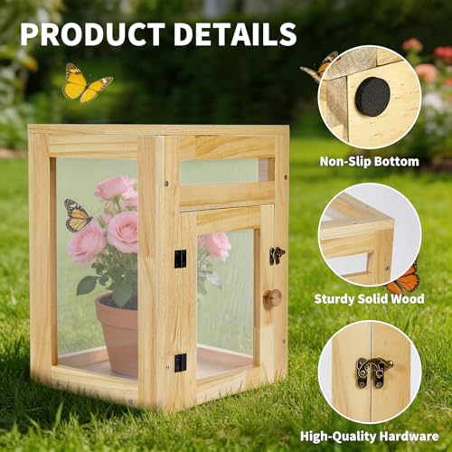 Wooden Butterfly Habitat Cage Kit, 15.75 Inch Monarch Caterpillar Habitat, Mesh Butterfly Enclosure for Raising Butterflies, Insect Observation House for Kids, Classroom, Garden by OOOMART.COM - Used condition - Image 3