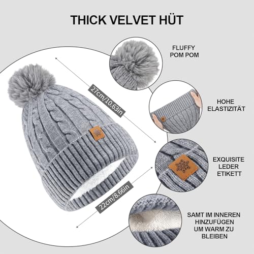 HOSPAOP Mütze, Schal & Handschuh-Sets für Damen 3 in 1 Set – Wintermütze Damen Beanie mit Bommel, Schal Damen Winter, Touchscreen Handschuhe, Wärmeset für Outdoor & Alltag, Grau