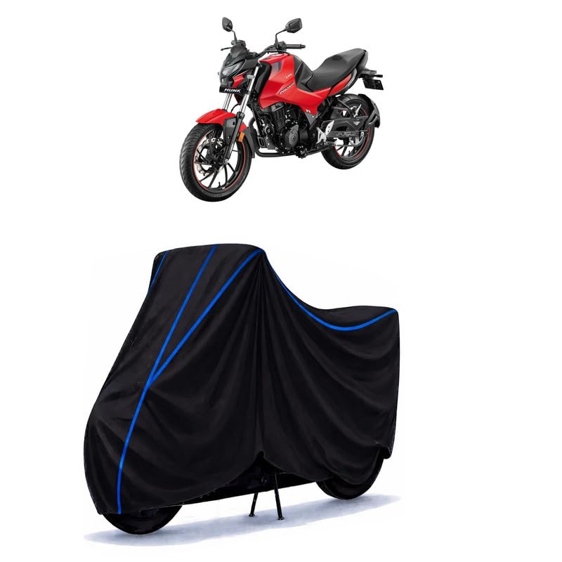 Image of Hero Hunk 160 Bike Cover Water Resistant Universal Motorcycle Rain | Heavy Duty UV Protection, Dust, Scratch Indoor Outdoor All Weather with Black Blue Piping Elastic