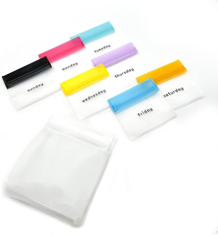 Ezy Dose Reusable 7-Day Travel Pill Pouch Set, Colored Days of the Week | Durable Travel-Sized Baggies, Includes Days of The Week Labels w/Color for Easy Identification, Silicone Storage