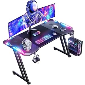120 x 60 cm Gaming Tisch, Gaming Schreibtisch mit LED, PC Tisch Gaming mit Kohlefaseroberfläche, Stabiler Computertisch für Gaming mit Kopfhörerhaken und Getränkehalter, Schwarz
