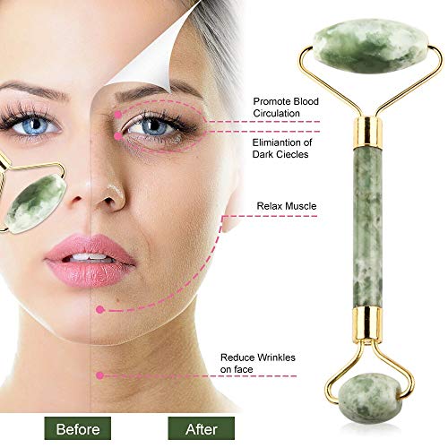Jade face Roller -100% Real Jade roller stone face Messager - Anti Aging puffiness facial Skin Treatment Therapy - Squeaky Free.