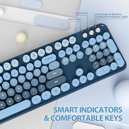Image of Fogruaden Blue Keyboard and Mouse Wireless, Retro Typewriter Keyboard, 2.4GHz 104 Keys Full Size Cute Keyboard with Number Pad, Gradient Colorful Round Keycaps for Windows PC Desktops Laptop