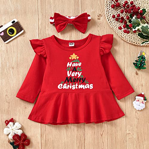 Image of HIHA Infant Toddler Baby Girl Christmas Outfit Ruffle Long Sleeve My First Christmas Dress Pants Clothes Set Plaid Santa Baby