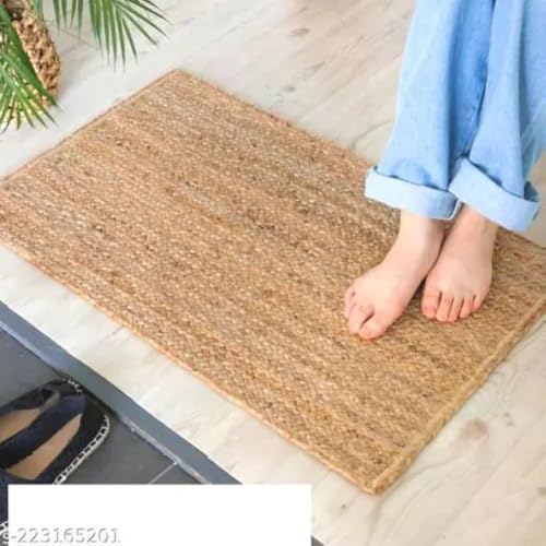 Image of Handmade Natural Jute Cotton Natural Fibers Floor /Door Mat Rugs Furnish Decor Striped Rectangular Design Carpet for Bedroom Living Room (JUTE003, 2x3-Runner)
