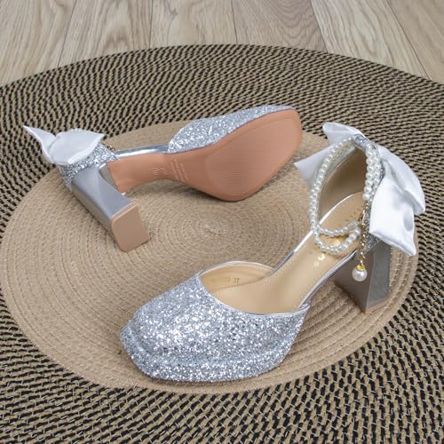 Women's Pearl Ankle Strap High Heels with Bow Black Platform Heels for Women Closed Toe Red Gold Silver Glitter Formal Party Dress Block Pumps Shoes Comfortable4