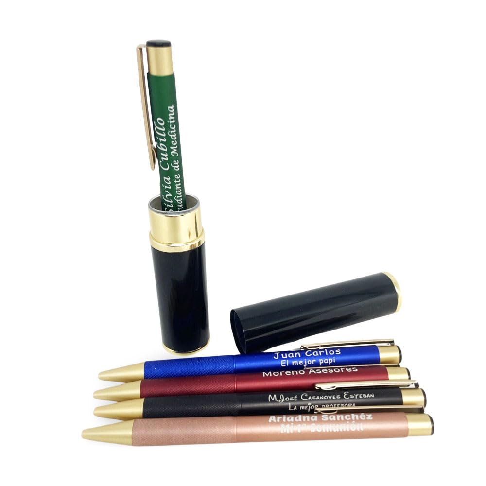 regalo grabado - Bolígrafo personalizado con nombre | Grabación de hasta 2 líneas | Ideal para profesores, comuniones, cumpleaños, eventos | Tinta azul | Metal y cilindro metálico precioso | (Rojo)