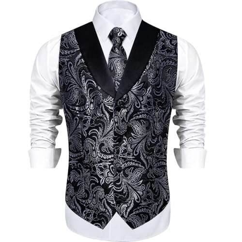 Image of DiBanGu Mens Paisley Suit Vest Silk Jacquard Waistcoat and Necktie Set Formal Shawl Collar Dress Vest 7PCS for Wedding Party