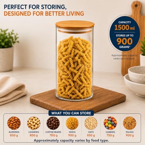 Image of Round Borosilicate Glass Jar with Bamboo Lid, 1500ml (Pack of 6)