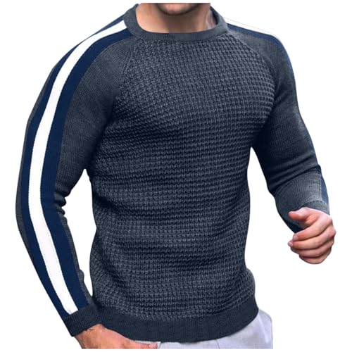 Mens Fashion Color Block Fall Winter Warm Sweater, Cable Knit Sports Workout Long Sleeve Pullover Basic Crew Neck Knitwear