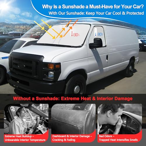 Image of Front Windshield & Side Window Sun Shade for 1996-2025 Chevy Express Accessories Cargo Van, Foldable Window Sunshade Sun Visor Protector, Window Shade Sun Shield Block UV Rays Heat, Pack of 3