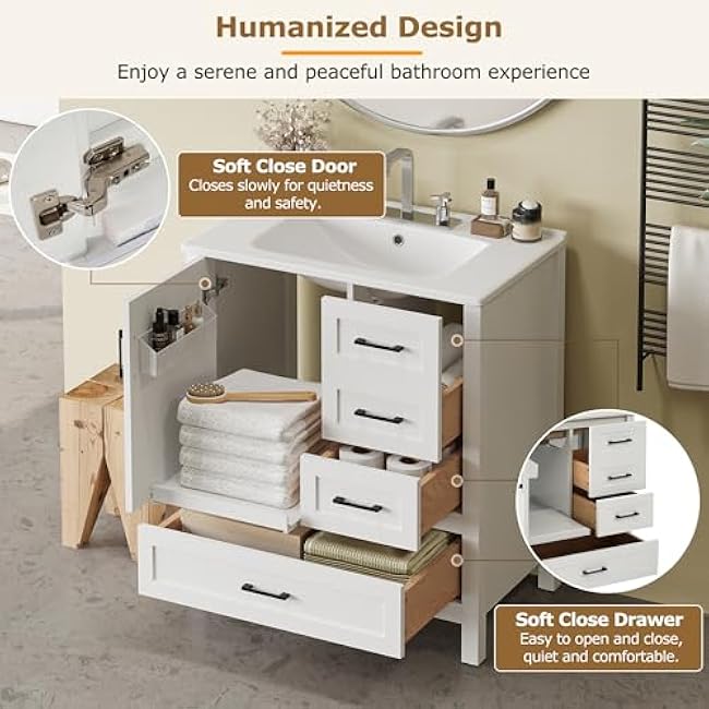 30 Inches White Bathroom Vanity with Sink, Solid Wood Frame, Soft Close Doors 3 Drawers, Removable Tray ¨C Storage Cabinet for Modern Bathrooms (3 Drawers + 1 Doors)