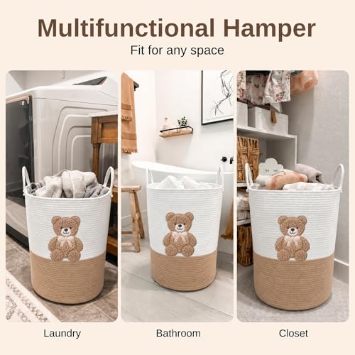 Image of Teddy Bear Baby Laundry Basket, Tall Woven Rope Nursery Hamper, 20x15 in