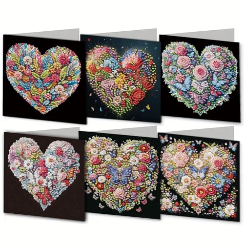 Cartes diamant 5D faites main fleurs cœur lot de 6 de qualité premium
