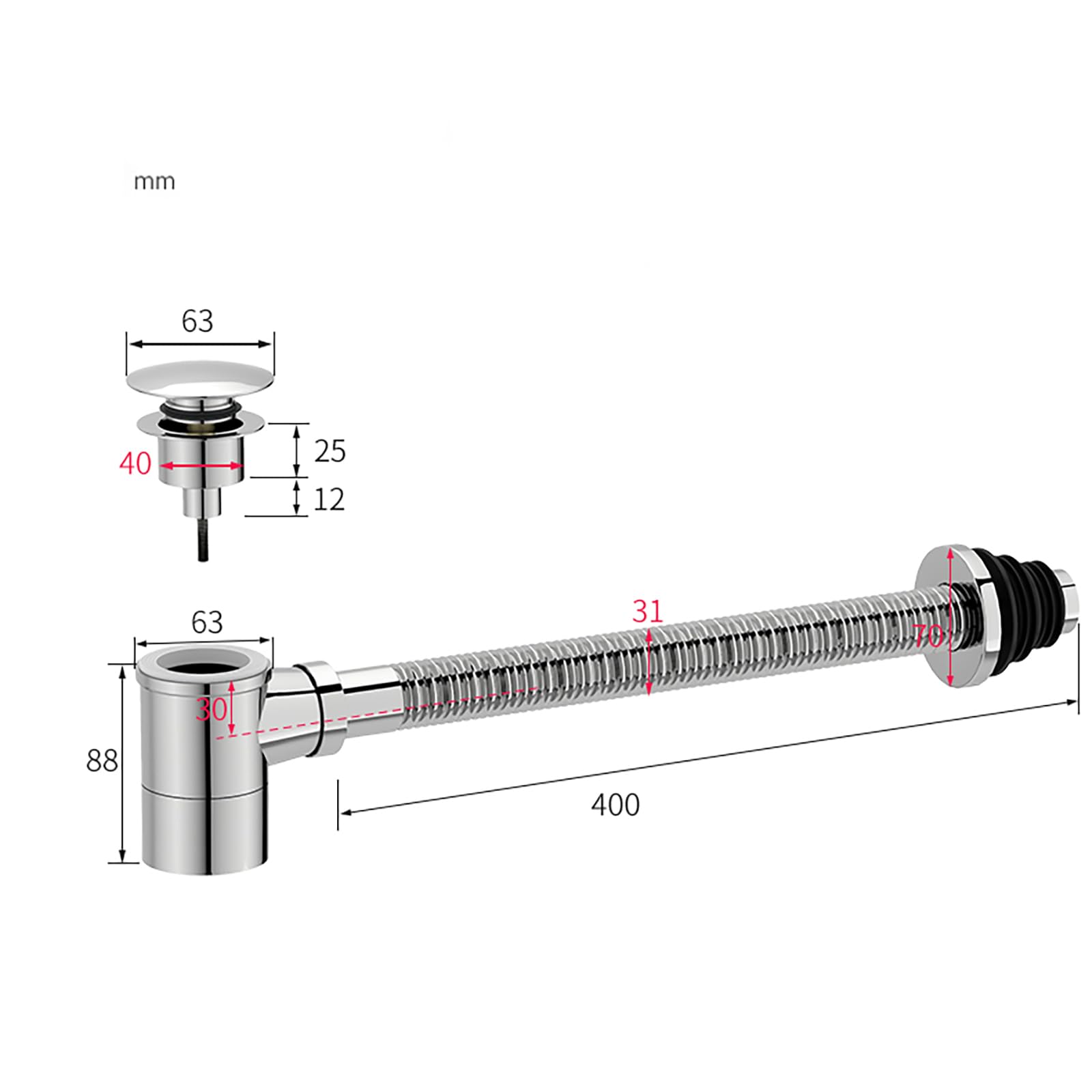 Siphon Waschbecken aus Edelstahl,Pop-Up-Ablaufventil,Überlauf,Geruchsverschluss,Flexibler Ablaufschlauch Siphon Spüle für Waschbecken Waschtisch