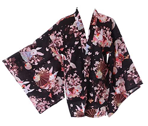 Kawaii-Story KJ-16-1 Negro Conejo Bunny Sakura Flores de Cerezo Haori Over-Jacket Geisha Kimono Yukata Harajuku Japón Cover