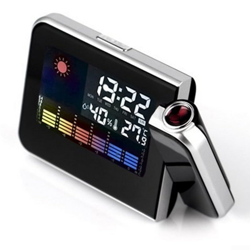 Sveglia a Proiezione con Display LED, Termometro Meteo, Schermo LCD, Funzione Snooze, Porta USB (Nero)