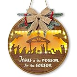 Christian Christmas Decorations: Christmas Door Sign, Rustic Wood Religious Nativity Scene Christmas Wreath with Lights for Front Door Wall Porch, Farmhouse Jesus Birth Xmas Decor Ornaments for Home