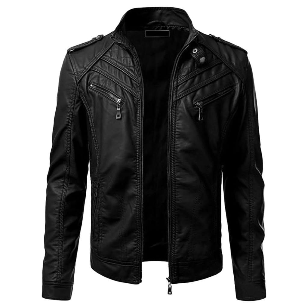 Giacca da moto in pelle da uomo, stile steampunk, retrò, da lavoro, con tasche multiple con cerniera, giacche in pelle lavata, cappotti alla moda e versatili, stile Wasteland Heavy Metal Rock