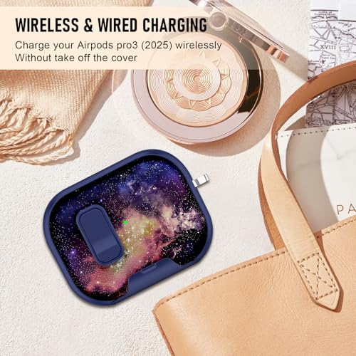 Image of Compatible Airpods Pro 3 Case (2025) with Phone Stand & Cleaner Kit,Print Soft Silicone Lock Clip Apple AirPods Pro 3rd Generation Case, Airpod Pro 3 Cover with Keychain for Women /Girls,Starry Sky