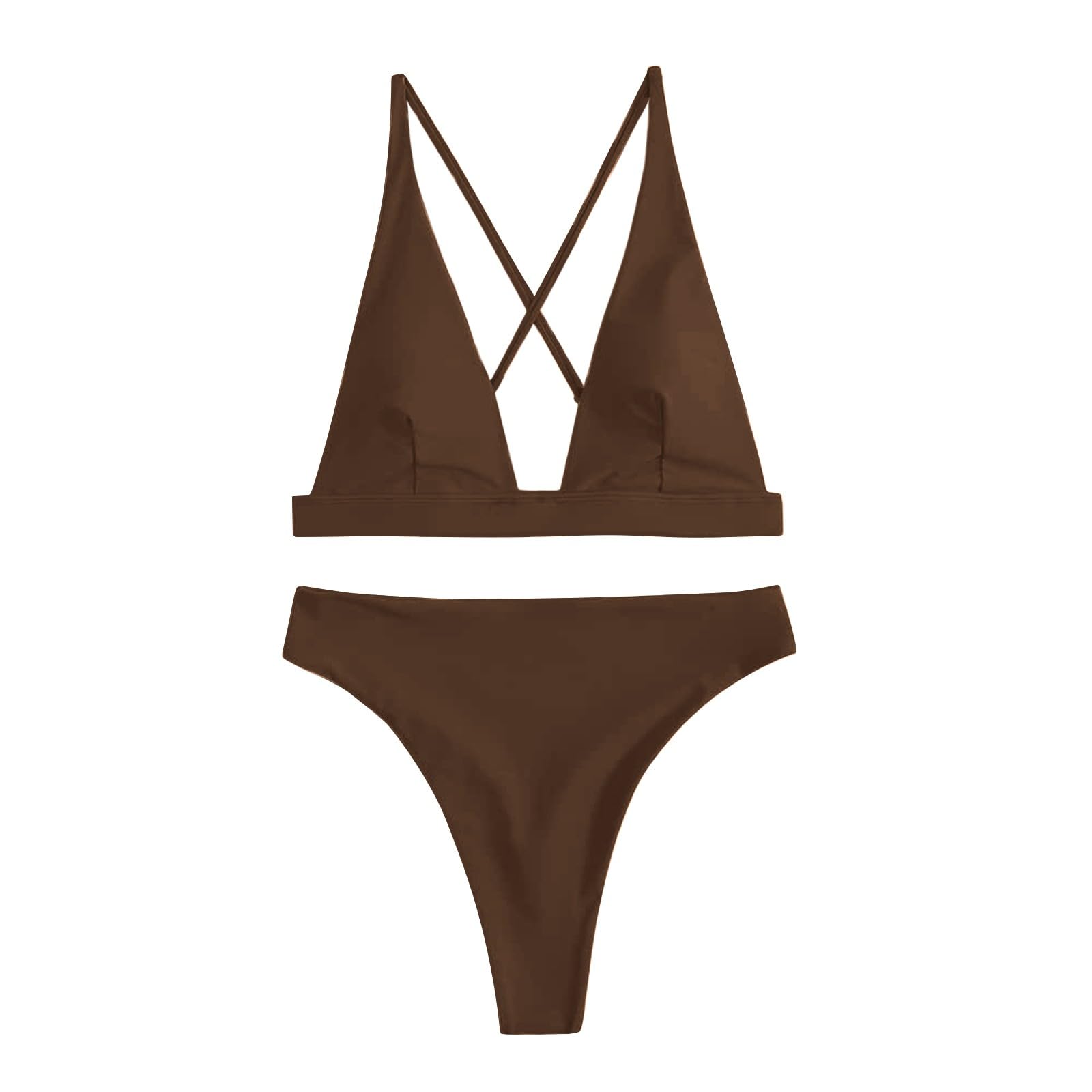 Bikini Mujer Tanga Conjunto Cintura Alta Sexy Triángulo Brasileño Top Profundo Cuello En V Traje De Baño Dos Piezas Trajes, Café, XL