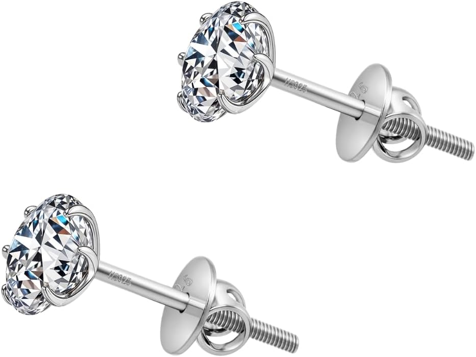 925 Silver Solitaire Screwback Stud Earrings | 92.5 Sterling Silver & Round Brilliant Cubic Zirconia Tops for Men Women