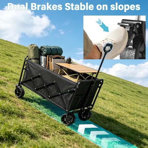 Image of 600LBS Beach Wagons Carts Foldable for Sand, Heavy Duty Collapsible Wagon with Brakes & All-Terrain Big Wheels, Large Foldable Folding Wagons for Beach Camp Sports Grocery, Portable