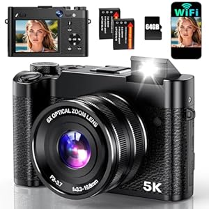 5K Digital Camera, 64MP Cameras for Photography with 6X Optical Zoom & Autofocus, WiFi Vlogging Camera for YouTube Video, Dual-Lens, 2 Batteries, 64GB Card & Flash, Best Cameras for Content Creators