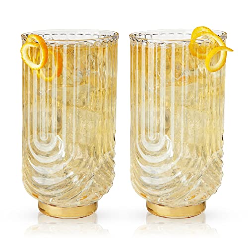 Viski Gatsby Highball Glass, Vintage Cocktail Glasses, Art Deco Drink Tumbler, Glassware Gift Set, Set of 2, 15oz