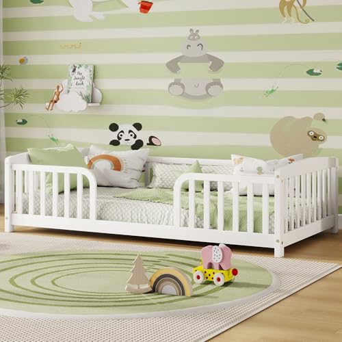 Image of Bellemave Twin Size Montessori Floor Bed Frame with High Fence, Solid Wood Kids Floor Bed with Central Entrance, Low Profile Bed for Boys & Girls, Rounded Corner Design,White
