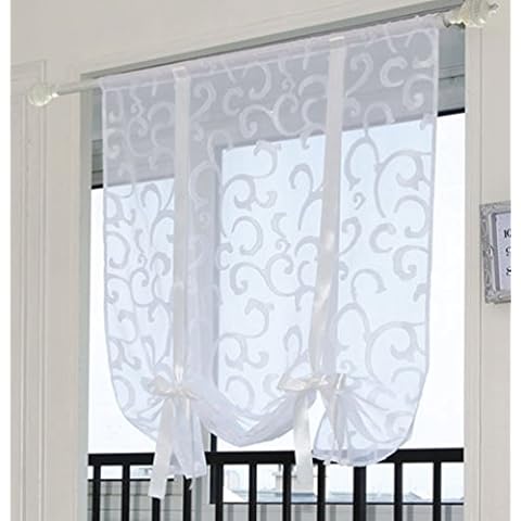 ZebraSmile Adorable Bowknot Tie Up Roman Curtain Lifable Curtain Rod Pocket Balloon Curtain Semi Sheer Kitchen Balloon Window Curtain, 47 x 54 Inch, White Cover