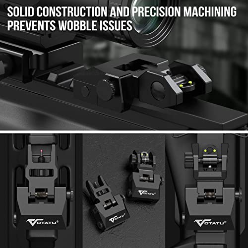 VOTATU V2 Fiber Optic Iron Sights, Flip Up Front and Rear Backup Sights with Green Red Fiber Optics Dots, Tool-Free Adjustable Front Sight Rapid Transition