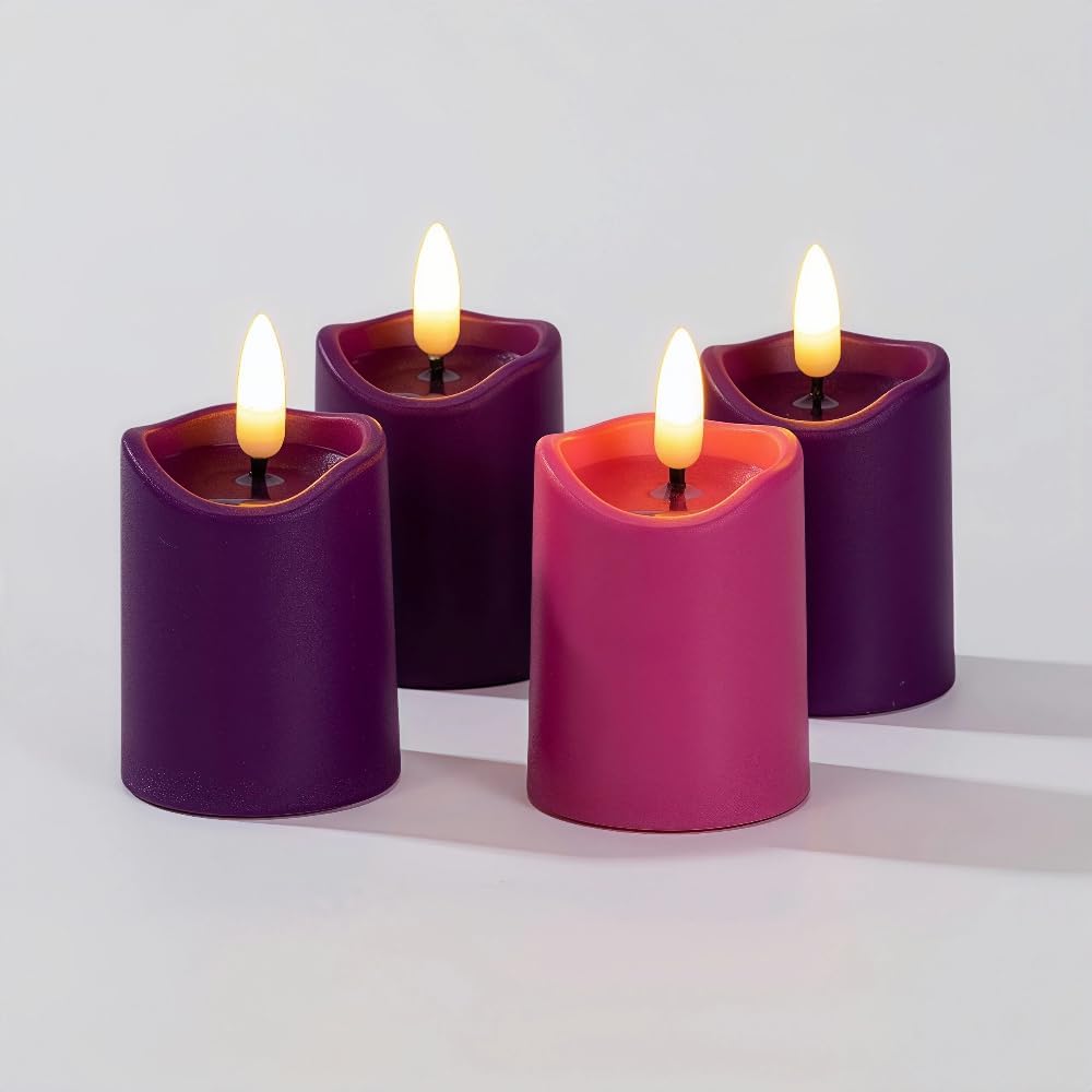Photo 1 of Simplelight Advent Candles, Purple & Pink Flameless Votive Candles with Timer, Advent Wreath with Flameless Candles, Realistic Black Wick, Set of 6-Battery Included (Purple Pink)