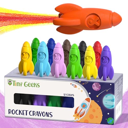 TinyGeeks 12 Raketenmalstifte, ungiftig, waschbar, für Kleinkinder, Kinder im Alter von 4–8 Jahren, einfach zu halten, Baby-Malstifte für Kleinkinder von 3–10 Jahren