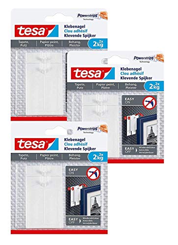 tesa 77776-00000-00 Klebenagel für Tapeten und Putz/Selbstklebende Nägel für empfindliche Oberflächen/Leicht anzubringen und zu entfernen-rückstandslos / 2 x 2kg Halteleistung, 2 Kg, 2 Stück (3)